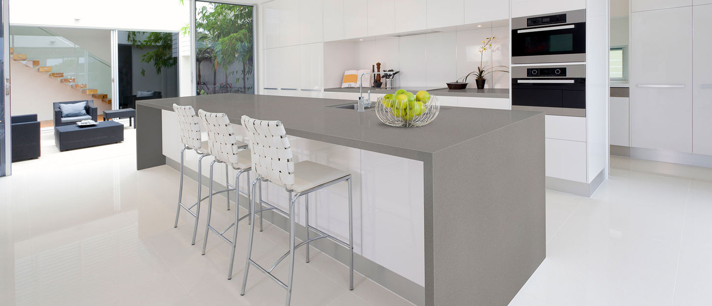 Macabo Gray quartz kitchen island and countertops