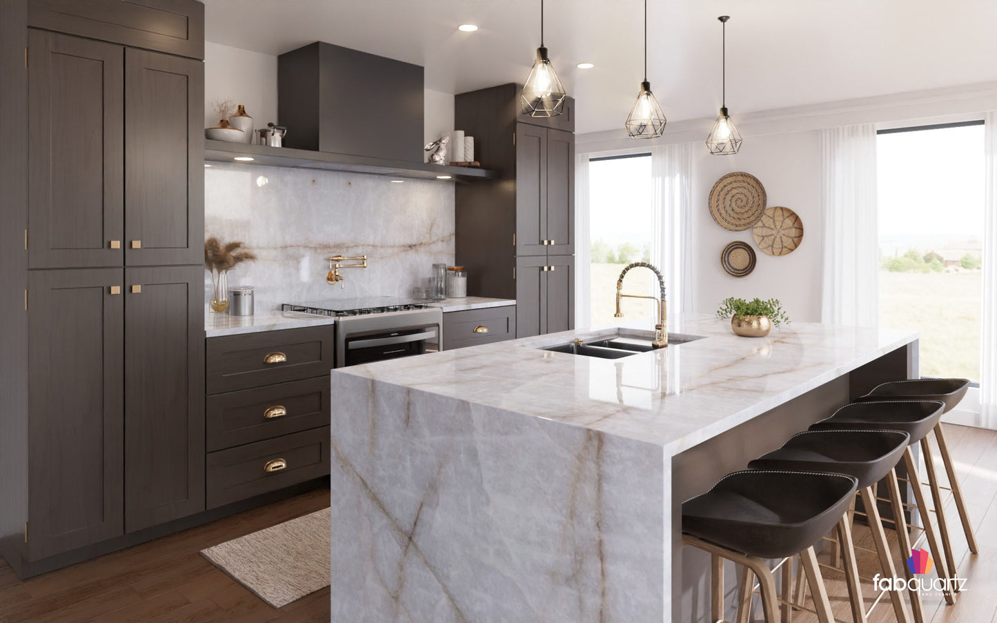 Cristallo Gold Quartzite with brown cabinets