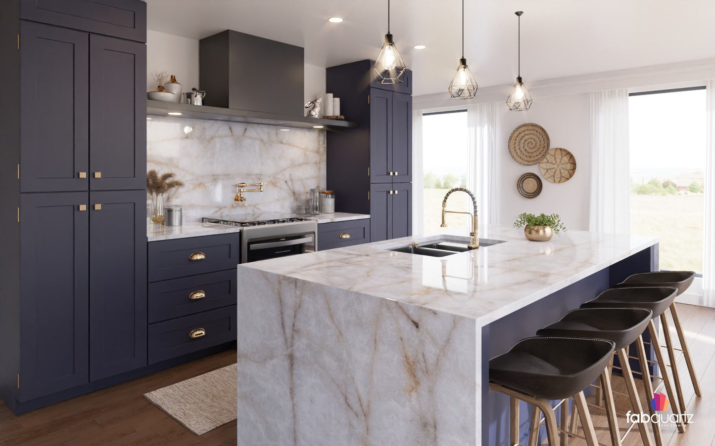 Cristallo Gold Quartzite with dark blue cabinets