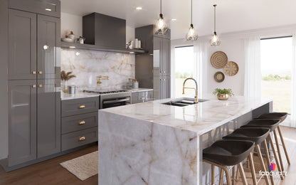 Cristallo Gold Quartzite with glossy gray cabinets