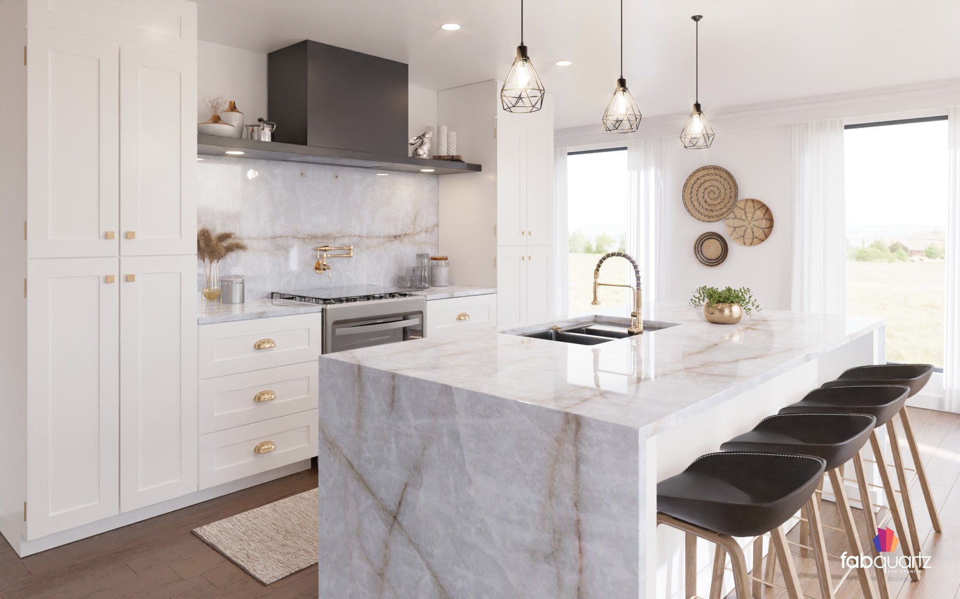 Cristallo Gold Quartzite in white kitchen with waterfall and backsplash