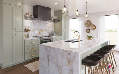 Cristallo Gold Quartzite with green cabinets