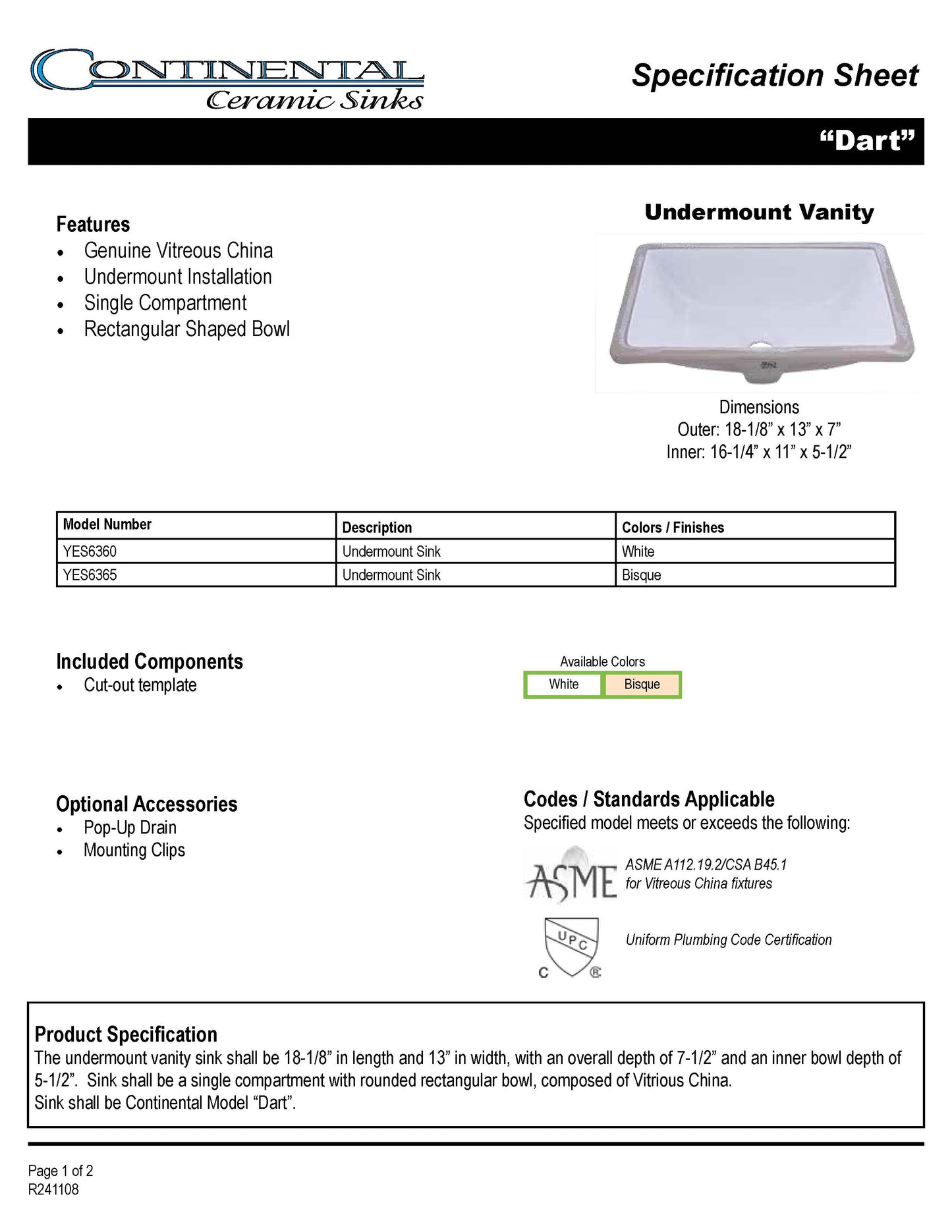 Vanity White Rectangle - Porcelain - Continental Ceramic YES6360