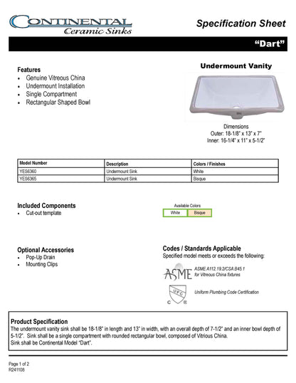 Vanity White Rectangle - Porcelain - Continental Ceramic YES6360