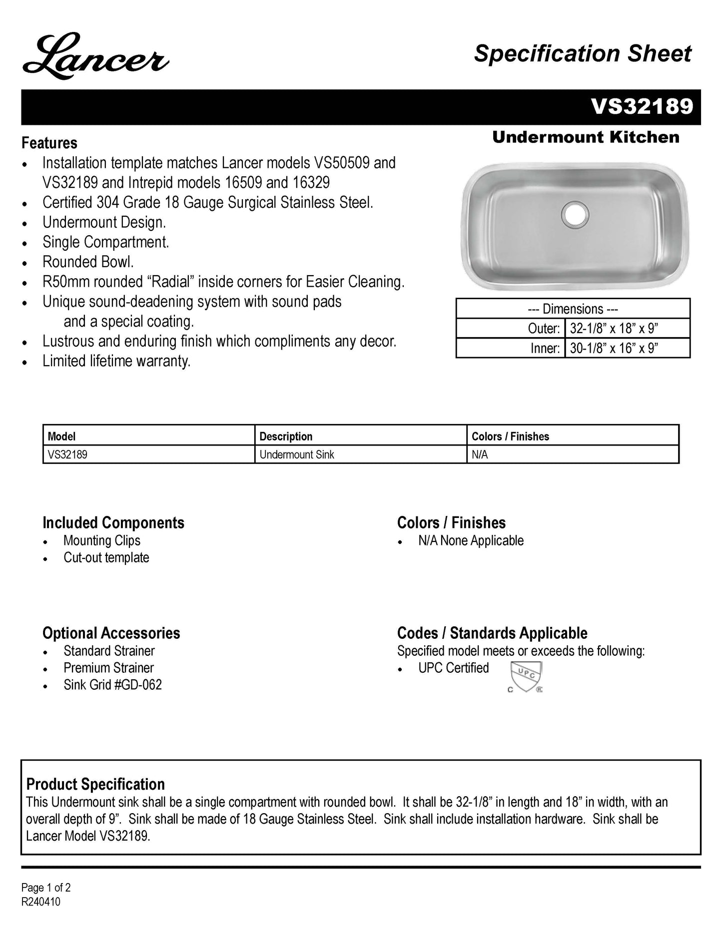 Single Bowl Kitchen Sink - Stainless Steel - VS3218