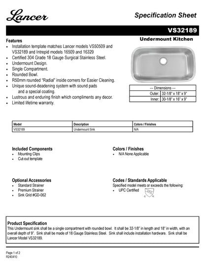 Single Bowl Kitchen Sink - Stainless Steel - VS3218