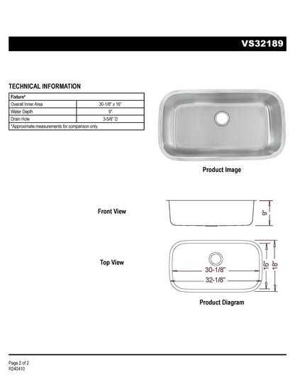 Single Bowl Kitchen Sink - Stainless Steel - VS3218